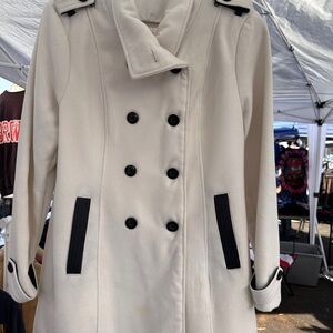 BCX Cream Double-Breasted Pea Coat with Black Accents